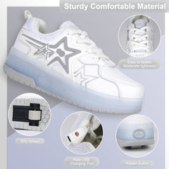 White Hidden-Wheel Roller Skate Shoes –2-Wheel Fun Sneakers for Kids